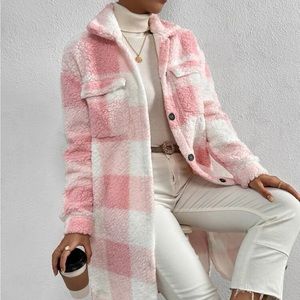 Teddy coat sherpa oversize jacket plaid pink white fuzzy pocket button long